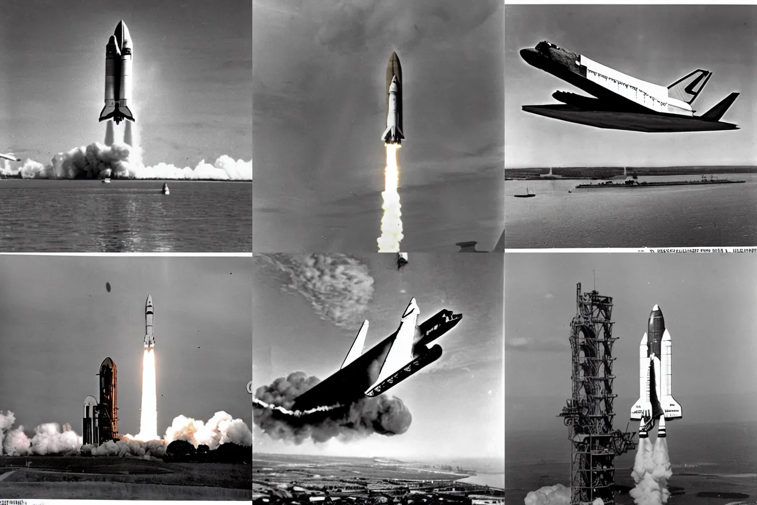 Prompt: ww2 spaceshuttle launch, archive photo, 1940's, Dieselpunk