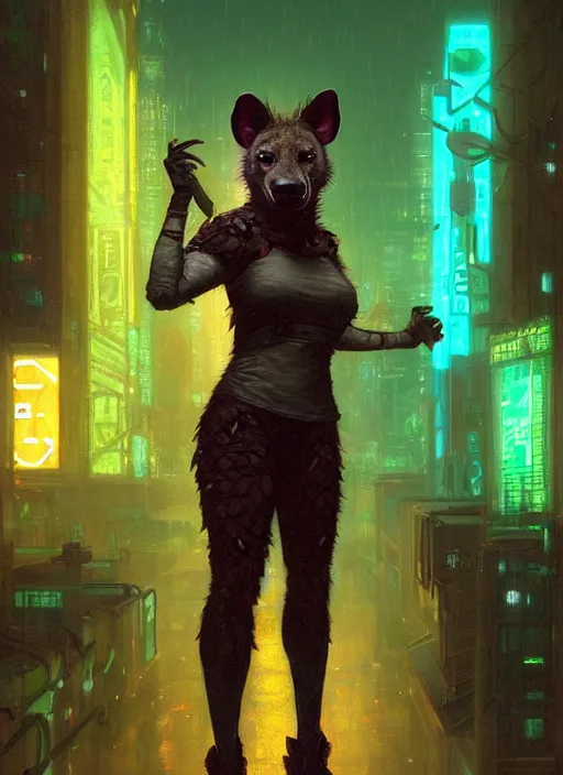 Image similar to beautiful full-body portrait commission of a [female furry anthro!!! spotted hyena fursona] [wearing jedi robes] [in a cyberpunk city at night in the rain]. Neon light. Atmospheric. Renowned character illustration by greg rutkowski, thomas kindkade, alphonse mucha, loish, norman rockwell. detailed, dungeons and dragons character art