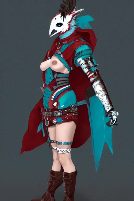 Image similar to female adventurer in tight full - body teal leather armor of japanese design with red accents and a white porcelain crow mask, trending in artstation, establishing shot