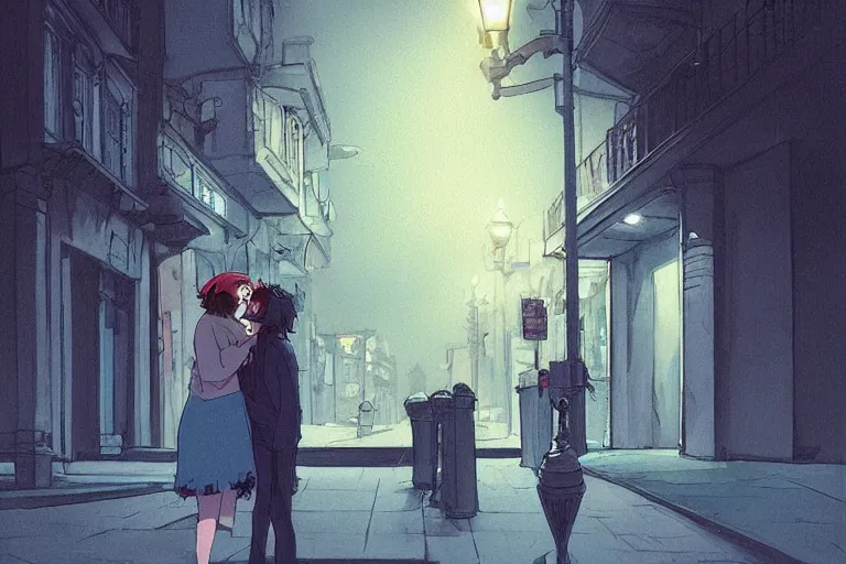 Prompt: a zombie couple kissing under a street lamp in Buenos aires at night, dark blue long hair, muted colors, matte print, pastel colors, ornate, digital art, cute smile, digital painting, fan art, elegant, pixiv, by Ilya Kuvshinov, by Studio Ghibli