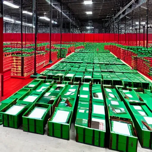 Prompt: a picture of a warehouse full of boxes with green patches on the top and red patches on the sides
