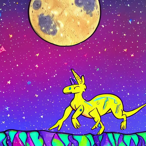 Prompt: unicorn dreaming of a trex on the moon, colorful, modern, disney, in style of pixar, highly detailed, sharp focus, digital painting