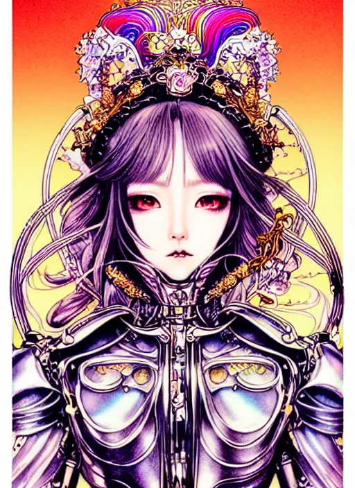 Prompt: highly detailed terada katsuya ayami kojima atrstation manga poster of princess mechine, rainbow gradient reflection, cute face by artgerm, art nouveau, long hair, armor, dress, laces, ruffles, 8 k, maximalist, golden ratio, jump comics