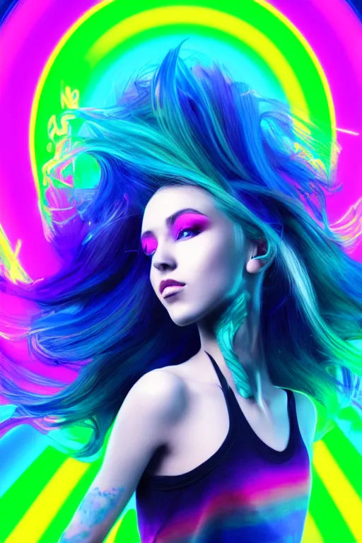 Image similar to a award winning half body portrait of a beautiful woman with stunning eyes in a croptop and cargo pants with rainbow colored ombre hairstyle head in motion and hair flying by thomas danthony, surrounded by whirling illuminated neon lines, outrun, vaporware, shaded flat illustration, digital art, trending on artstation, highly detailed, fine detail, intricate