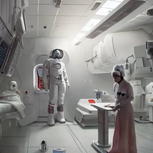 Image similar to a space woman in a white nurse uniform examinating an alien in a space station hospital, Matte painting , detailed painting, greg rutkowski