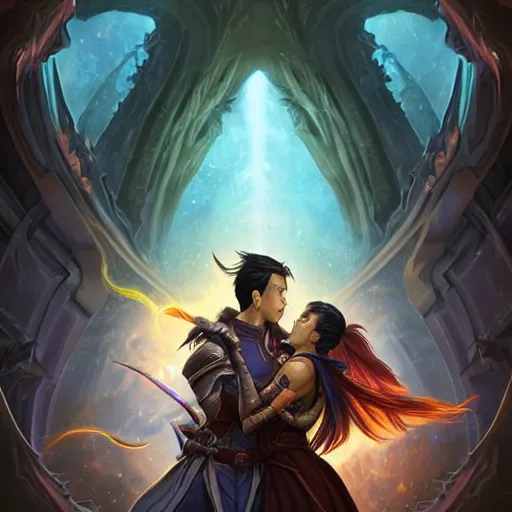 Image similar to a young couple, a human Asian male rogue and an Asian lightning goddess! hugging each other in front of the magical portal of eternity!, D&D, fantasy, intricate, elegant, highly detailed, portrait, medium shot, waist up, digital painting, artstation, concept art, matte, sharp focus, illustration, hearthstone, art by Artgerm and Greg Rutkowski and Alphonse Mucha