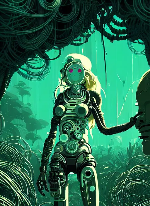 Prompt: highly detailed portrait of a biopunk cyborg long wavy blonde hair tribal lady, stray wiring by atey ghailan, james gilleard, by joe fenton, by greg rutkowski, by greg tocchini, by kaethe butcher, 4 k resolution, gradient green, black and white color scheme!!! ( ( forested robotic dense jungle background ) )