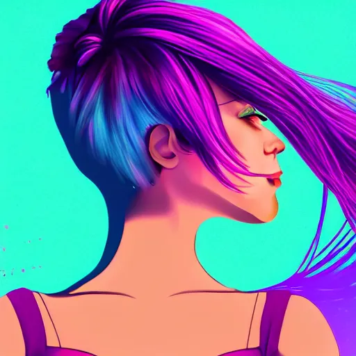 Image similar to a award winning upper body portrait of a beautiful woman in a tanktop with a ombre purple pink hairstyle with head in motion and hair flying, outrun, vaporware, vivid colors, highly detailed, fine detail, intricate