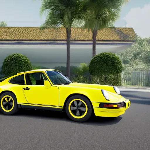 Image similar to a yellow 1 9 8 5 porsche 9 1 1 turbo in a palm beach swimming pool, 3 d render, unreal engine, 4 k