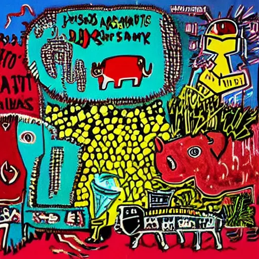 Prompt: “diamonds, pigs, weeds, bagels, berries, diamonds, bovine, pathology, syringe, lightning symbol, pigs, pork, giant pig, weeds and grass, crystals, plants, neo-expressionist style, by Jean-Michel Basquiat”