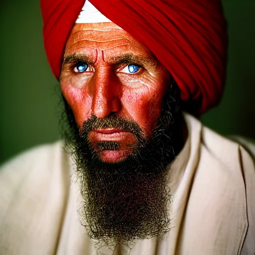 Image similar to portrait of president donald trump as afghan man, green eyes and red turban looking intently, photograph by steve mccurry