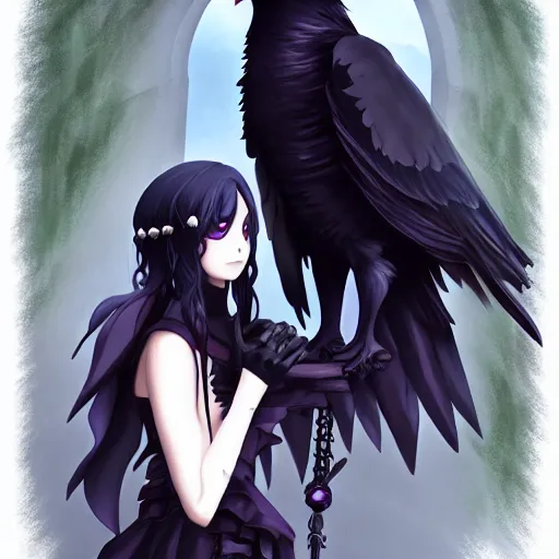 a gothic anime girl and her pet raven raven haunting, Stable Diffusion