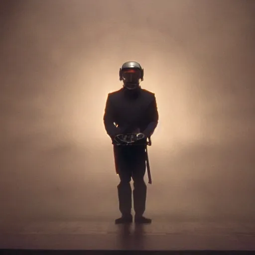 Prompt: movie still of a man with a helmet made of ether, cinematic composition, cinematic light, by edgar wright and david lynch