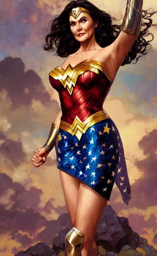 Prompt: portrait of Lynda Carter as wonder woman , tv show by Stanley Artgerm Lau , greg rutkowski, thomas kindkade, alphonse mucha, loish, norman rockwell. Trending on artstation rule of thirds detailed illustration hd 4k