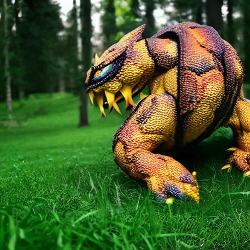 Prompt: real life Pokemon, creepy!!!, scaly!!!, menacing!!!, grotesque!!!, evil!!!, ultra realistic, golden hour, fog, volumetric lighting, sharp focus