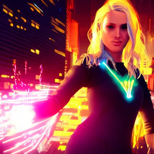 Prompt: beautiful young blonde woman from behind with color flames coming out of hands flying in a cyberpunk city, very detailed, realistic, symmetrical face, art by gta 5,