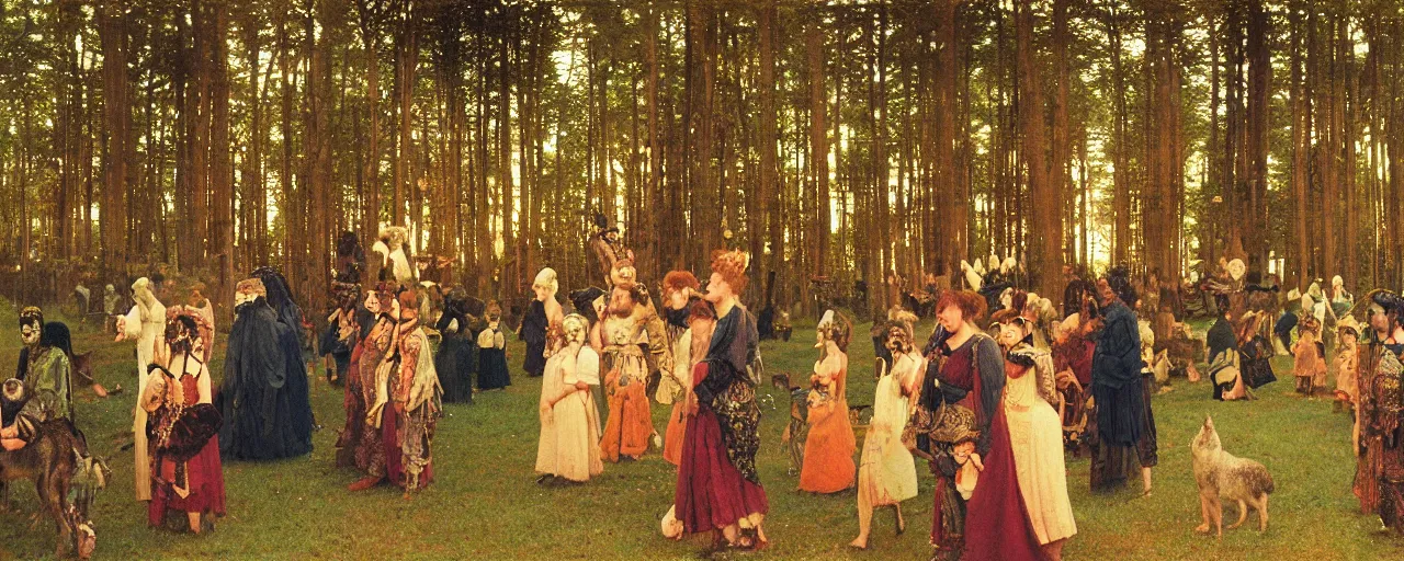 Prompt: autochrome of a midsummernight's dream renaissance forest festival at sunset with masks of wolves and sheep in the style of, jugendstil, alma tadema, maxfield parrish, maurice sendak, classic japanese prints