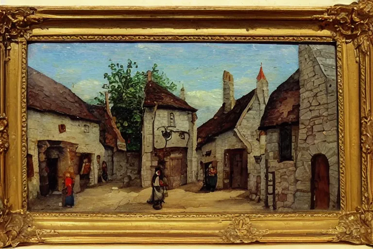 Prompt: old village, middle ages, oil painting, oil in canvas, brushstrokes