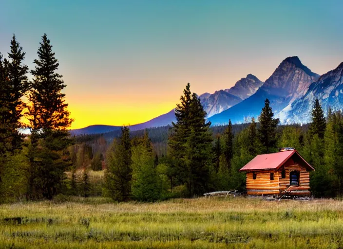 Prompt: watercolor cabin in a field with rocky mountains as a backdrop, sun setting
