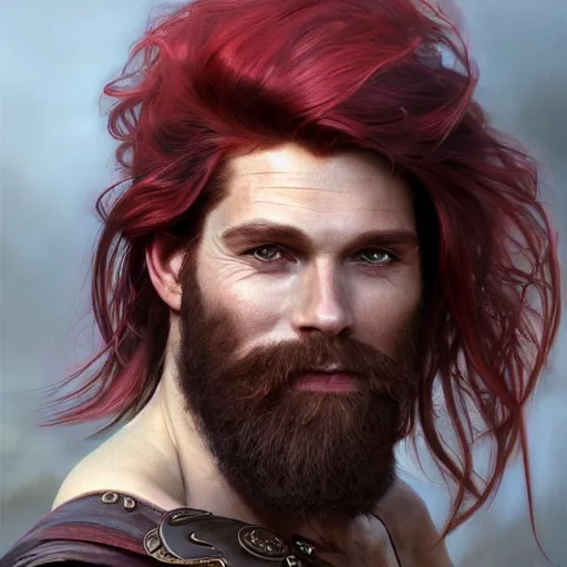 Image similar to portrait of a young ruggedly handsome but joyful pirate, male, masculine, upper body, red crimson crimson hair, long flowing hair, fantasy, smug smirk, intricate, elegant, highly detailed, digital painting, artstation, concept art, matte, sharp focus, illustration, art by artgerm and greg rutkowski and alphonse mucha