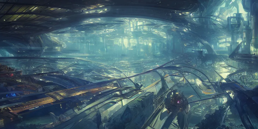 Prompt: a futuristic city underwater, photorealistic, people, fishes, light rays from above, realistic paint, specular light, high contrast, highly detailed, 4k, shallow depth of field, cinematic light, concept art, artstation, art by Enrich Victor, Alphonse Mucha