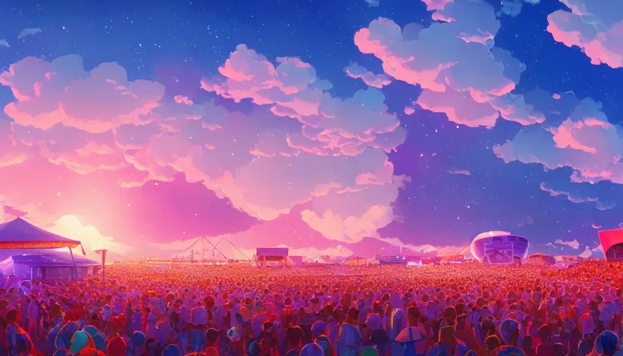 Prompt: A highly detailed digital art painting of a music festival with a bright shimmering sky by Studio Ghibli, Mokoto Shinkai, by Artgerm, by beeple, volumetric lighting, octane render, 4K resolution, trending on artstation, vivid colours