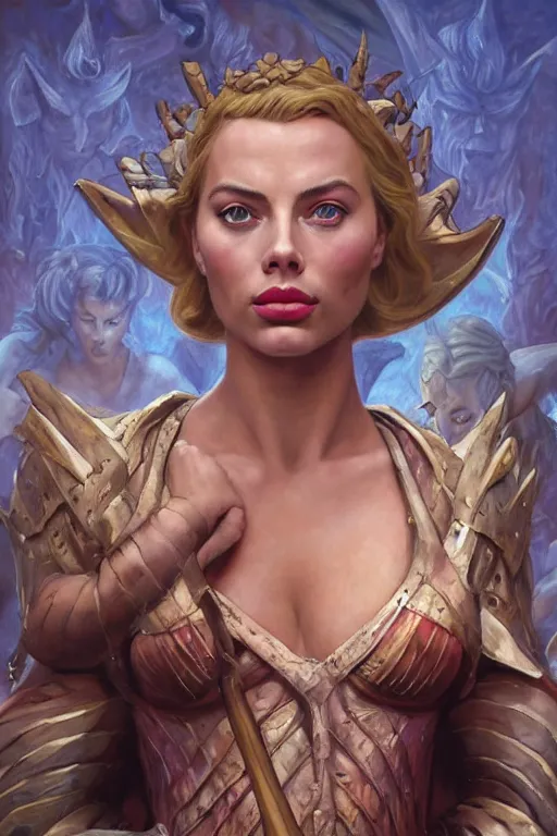 Image similar to A fantasy comic book style portrait painting of Margot Robbie, Scarlett Johansson, as an Atlantean Reptilian Warrior, Mystical Valkyrie, François Boucher, Oil Painting, unreal 5, DAZ, hyperrealistic, octane render, Regal, Refined, Detailed Digital Art, RPG portrait, William-Adolphe Bouguereau, Michael Cheval, Walt Disney (1937), Steampunk, dynamic lighting, Highly Detailed, Cinematic Lighting, Unreal Engine, 8k, HD