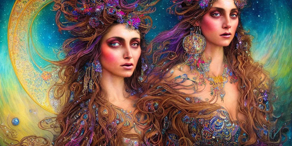 Image similar to full view portrait of an ethereal gypsy woman with detailed eyes, glowing face, floating in space with a half moon, photorealistic, colorful dress, in the style of karol bak and gaston bussiere, holographic undertones, art nouveau galaxy background, intricate, flowing dress, smooth, sharp focus, dramatic lighting, illustration, hdr, artgerm