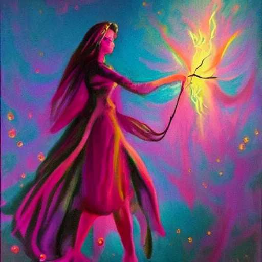 Image similar to The pink witch practices visually stunning witchcraft. Painting.