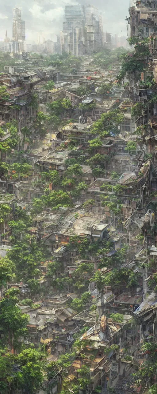 Image similar to a sprawling city landscape in an abandoned east asian country, vines and weeds growing from the apartment buildings, plants sprouting from the concrete, intricate, elegant, highly detailed, digital painting, artstation, concept art, smooth, sharp focus, illustration, art by artgerm and greg rutkowski and alphonse mucha