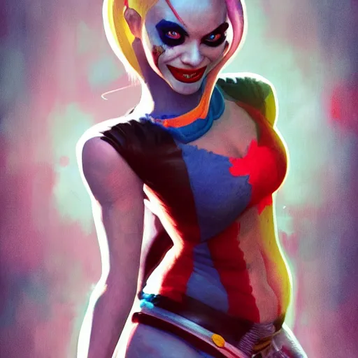 Prompt: Harley Quinn but she's a beautiful ape kid with long pony tails on either side of her head, mayhem, illustration, by James Jean, artgerm, octane render, by John Coltrane and Marc Simonetti, Manic, inspired by Greg rutkowski, colorful, high detail of the face, full body