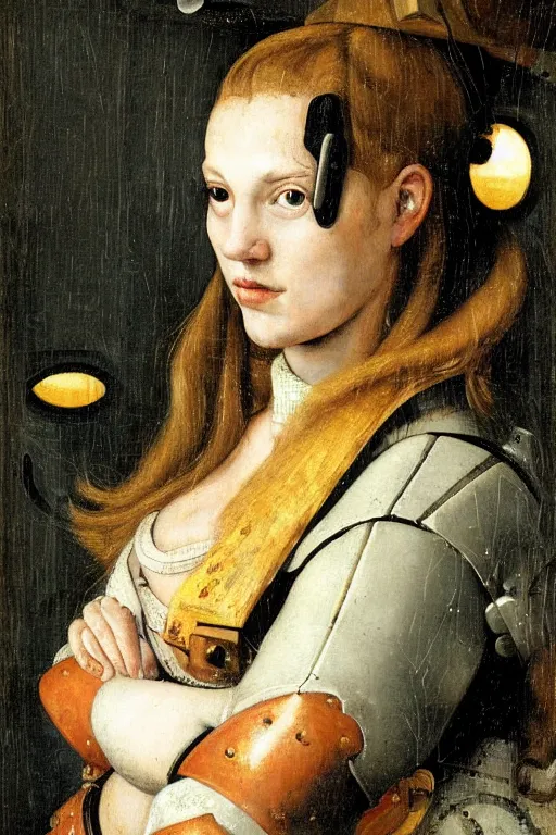 Image similar to a close - up portrait of a cyberpunk cyborg girl, by jan steen, rule of thirds