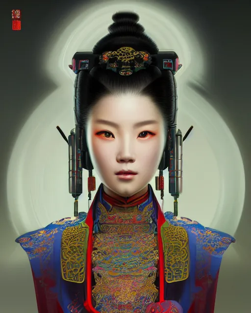 Image similar to portrait of a chinese cyberpunk machine, machine face, arms, upper half portrait, decorated with chinese opera motifs, regal, asian, fine china, wuxia, traditional chinese art intricate intense elegant 京 剧 highly detailed digital painting artstation concept art smooth sharp focus illustration, art by artgerm and greg rutkowski alphonse mucha 8 k