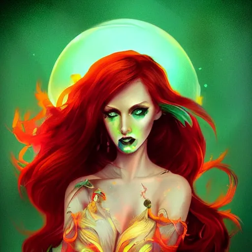 Image similar to a beautiful stunning fantasy whimsical matte digital portrait illustration of a pretty womam with bright green eyes and fiery red hair and a green bird, in the style of Ross Tran, trending on artstation, contest winner