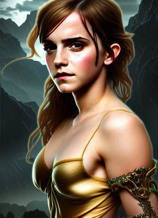 Prompt: emma watson sexy alluring russian dancer of the underworld, d & d, wet, shiny, fantasy, intricate, elegant, hyper detailed, ultra definition, photoreal, artstation, unreal engine rendered, concept art, smooth, sharp focus, illustration, art by artgerm and greg rutkowski and alphonse mucha and garis edelweiss