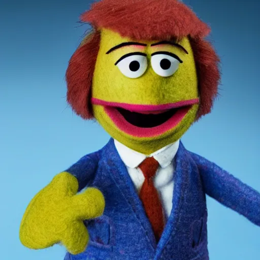 Prompt: saul goodman as a muppet. highly detailed felt. colorful clothes. hyper real photo. 4 k.