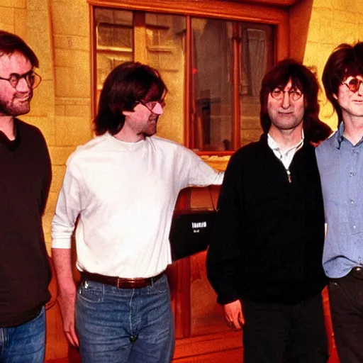 Prompt: steve jobs, harry potter, john lennon, and gabe newell meeting each other, photograph