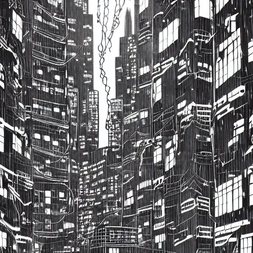 Image similar to a cyberpunks city drawn in the style of Hirohiko Araki, coloured, raining. Wires hanging from buildings. Dark tone, moonlight, stars