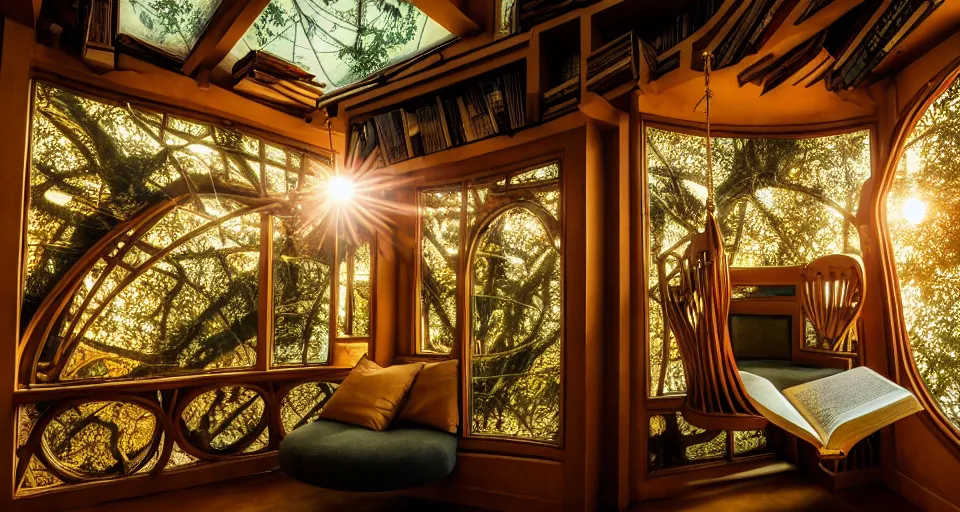 Prompt: A scene from a 2022 fantasy film featuring a cozy art nouveau reading nook inside a treehouse in a fantasy city. Suspended walkways. Disorganized ancient books. Golden Hour. 8K UHD.