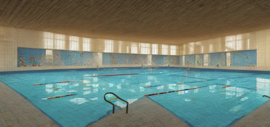 Image similar to photo of tiled walls no windows indoor giant pool room, bright, 8 k photorealistic, hd, high details, trending on artstation