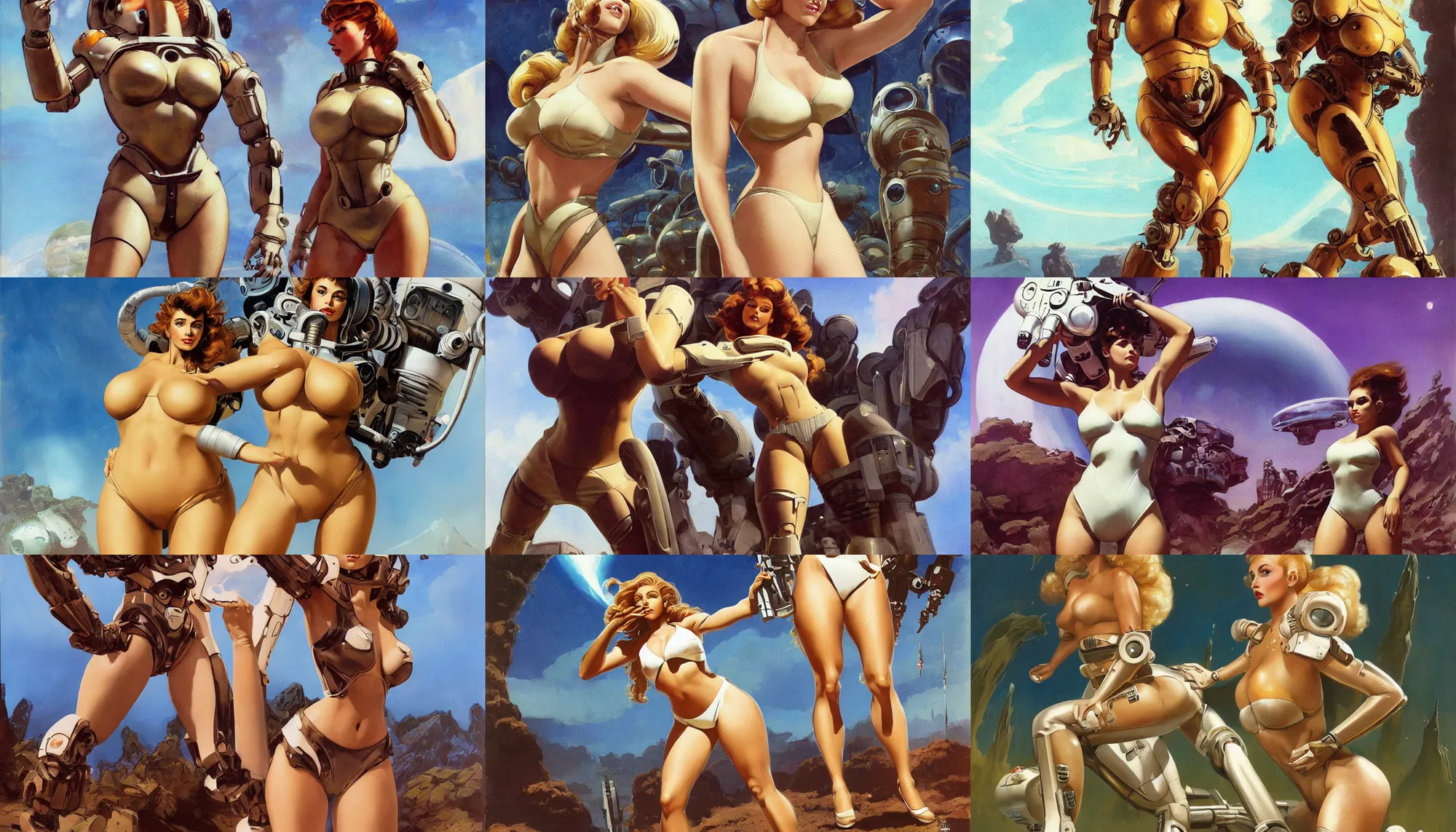 Prompt: A mixed media portrait painting of a very beautiful light-brown-hair woman on an alien planet, very curvy, aesthetic! high-waisted white-bikini-futuristic-armor and boots, sweat, aesthetic symmetrical face and eyes, model, wet, pacific-rim-mech in background, eighties pinup style, by Frank Frazetta, Boris Vallejo, Beeple, Greg Rutkowski, Christian MacNevin, goddess, bombshell, epic fantasy character art, high fantasy, CGsociety, exquisite detail, post-processing, masterpiece, cinematic