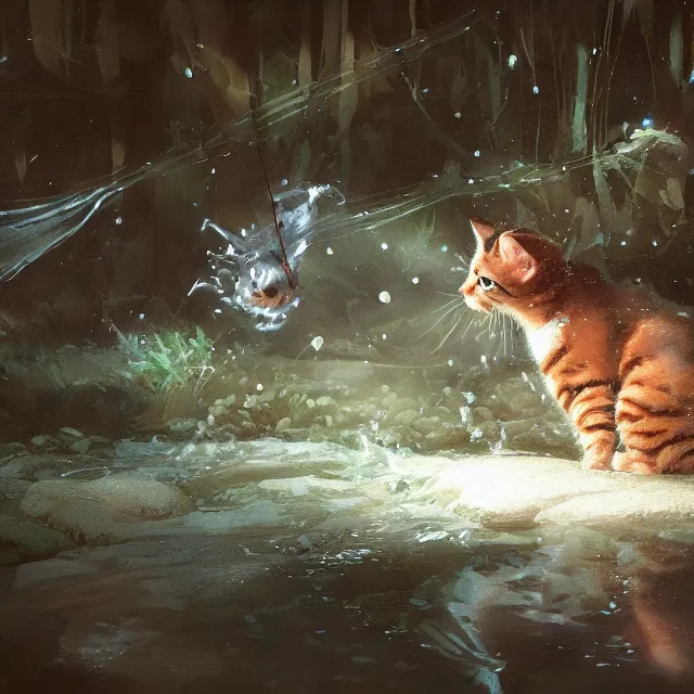 Prompt: a painting of a cute kitten at a river catching fish. disney character design by cory loftis, fenghua zhong, ryohei hase, ismail inceoglu and ruan jia. volumetric light, detailed, rendered in octane