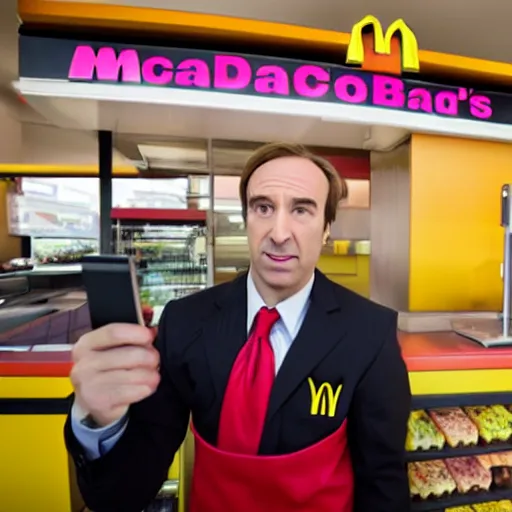 Prompt: Saul Goodman as a McDonalds Worker, mcdonalds store counter