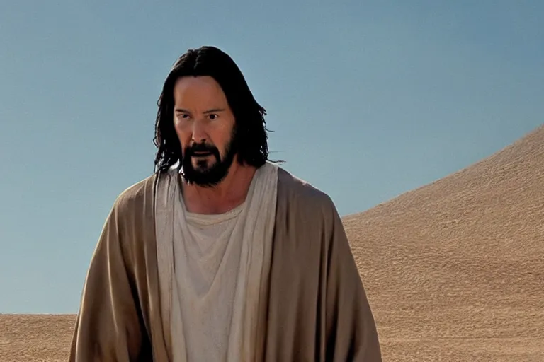 Image similar to promotional image of Keanu Reeves as Jesus Christ in the new movie directed by Christopher Nolan, wearing robes and holding a book, walking through the desert, movie still, promotional image, imax 70 mm footage