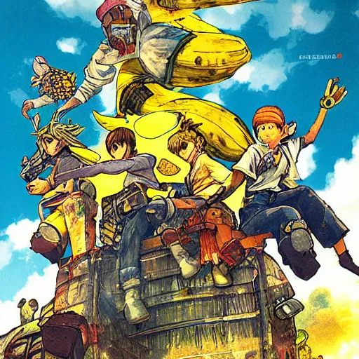 Image similar to The Banana Blue Gang, game poster printed on playstation 2 video game box , Artwork by Akihiko Yoshida, cinematic composition