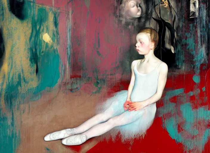 Image similar to portrait of nervous young girl ballerina sitting on the floor focusing in a dance hall by hernan bas and francis bacon and pat steir and hilma af klint, psychological, symmetrical face, dripping paint, washy brush, matte painting, rendered in octane, altermodern, masterpiece