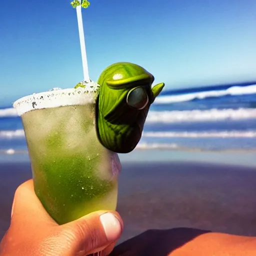 Prompt: alien drinking a mohito at the beach