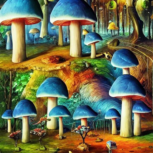 Prompt: blue glowing mushroom houses in a forest village, mushroom architecture, art by ricardo bofill, james christensen, rob gonsalves, paul lehr, leonid afremov and tim white