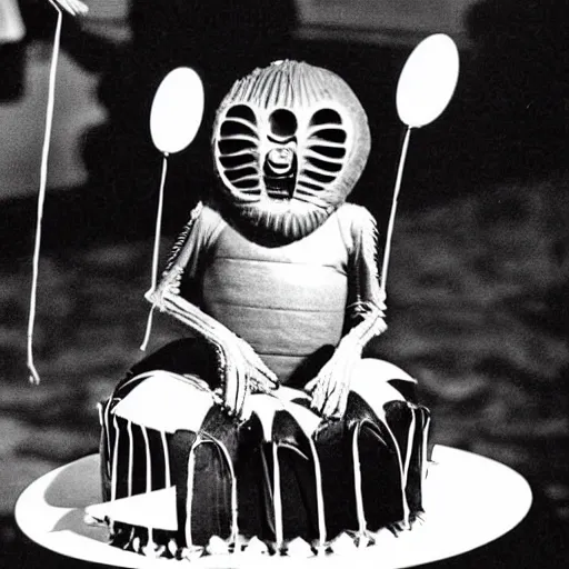 Prompt: Giger's Alien wearing a tutu at his birthday party, nostalgic 90's photo