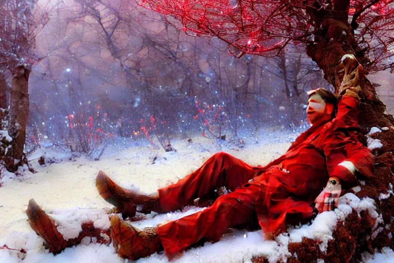 Image similar to winter, a clean - shaven white businessman relaxing under a world tree with red flowers, ground covered with snow, extreme long shot, fantasy, painting by gaston bussiere, craig mullins, j. c. leyendecker, trending on artstation